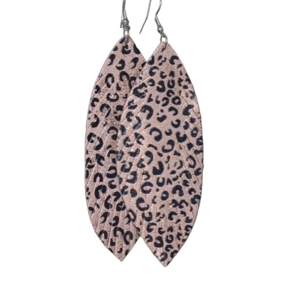 Faux Leather Metallic Black and Tan Animal Print Feather Drop Earrings - Picture 3 of 3